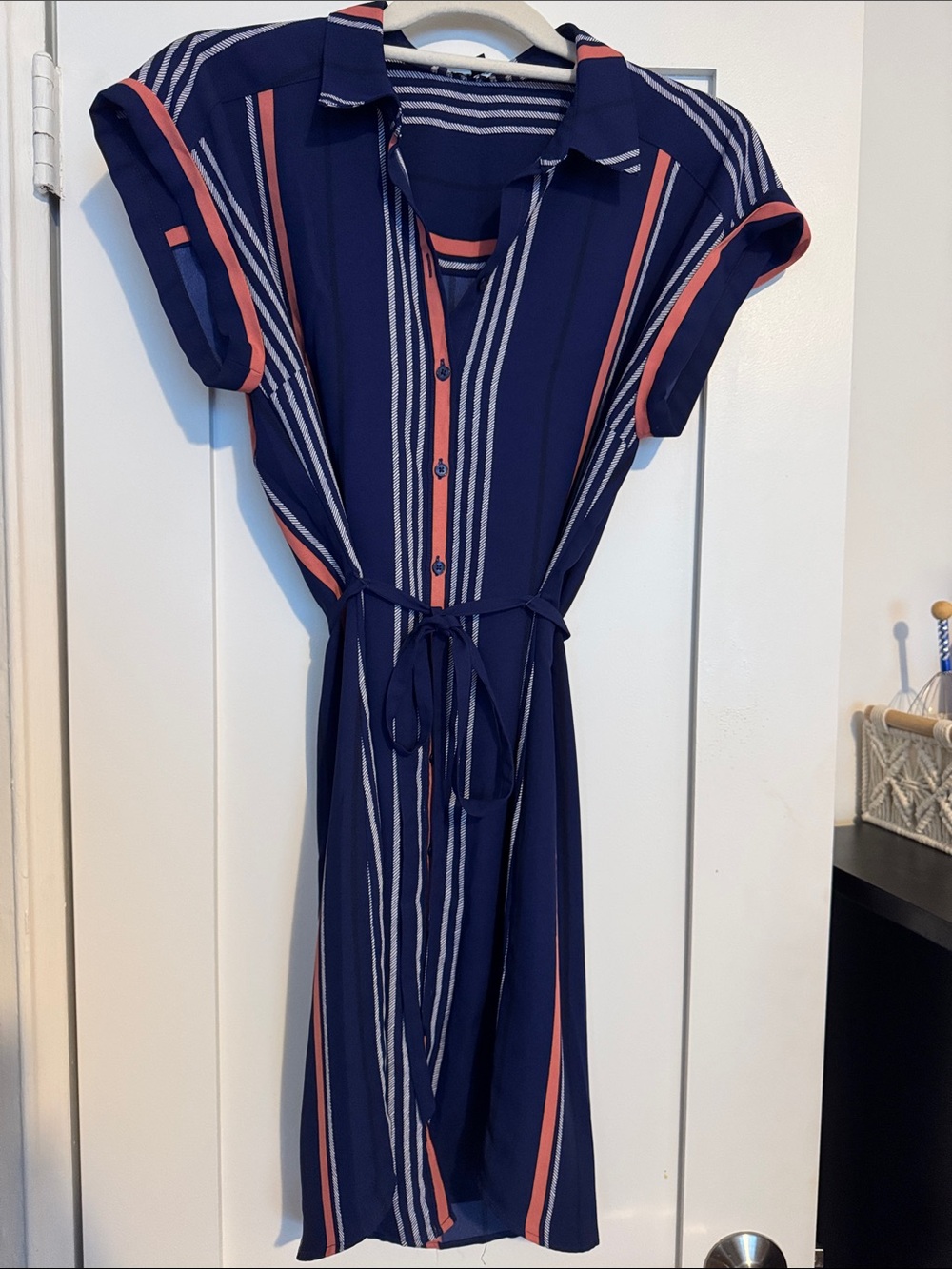 Express  button down Women’s Navy Stripe Shirt Dress with Coral Accents